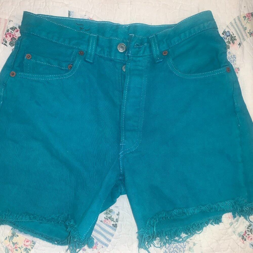 VINTAGE 1970’s SEVENTIES LEVI'S TEAL OVERDYED DENIM CUTOFF SHORTS FESTIVAL BOHO
